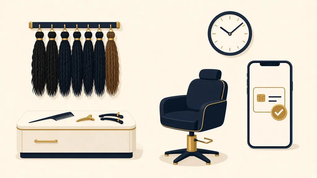 Illustration of braiding hair on a rack, a styling chair, a clock and a phone showing a paid deposit