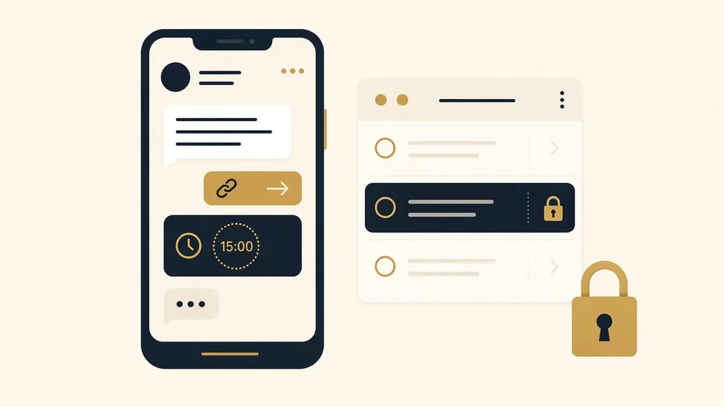 Illustration of a phone showing a deposit link and a 15-minute timer next to a calendar slot that is held