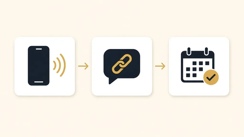 Illustration of three steps: a call is answered, a Square deposit link is texted, and the appointment is booked once it's paid