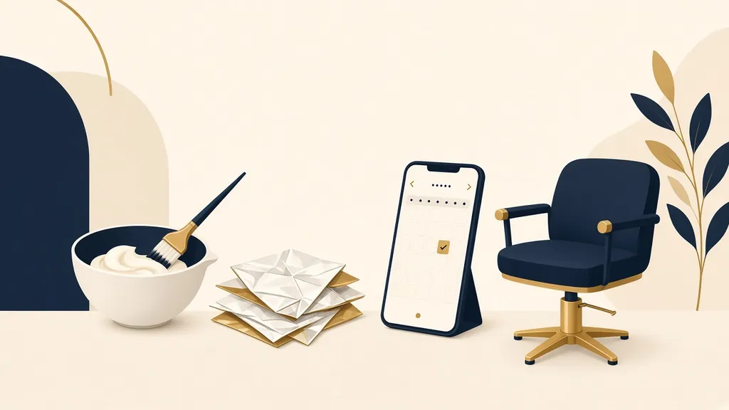 Illustration of a color bowl, tint brush and foils beside a phone showing a booking calendar and a salon chair