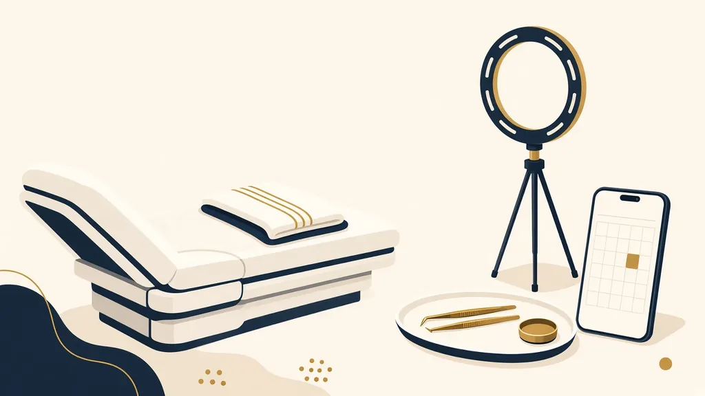 Illustration of a lash bed, ring light and lash tweezers on a tray beside a phone calendar