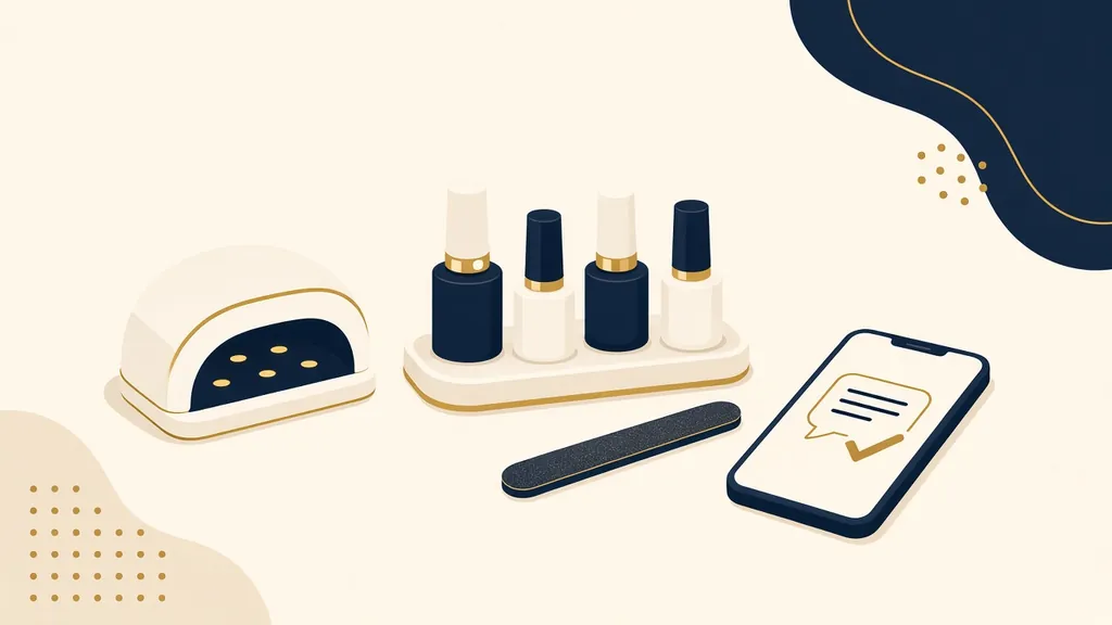 Illustration of a nail station with a UV lamp, polish bottles, a file and a phone showing a confirmed text