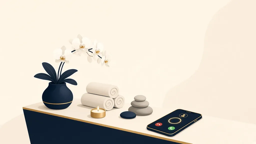 Illustration of a calm spa desk with an orchid, rolled towels, stones and a phone ringing